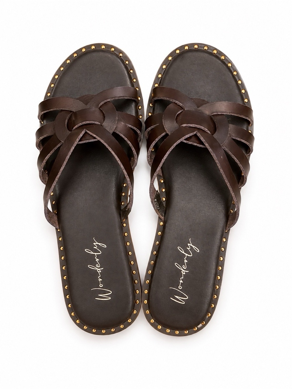 Wonderly Black Knotted Slide Sandals with Gold Stud Accents